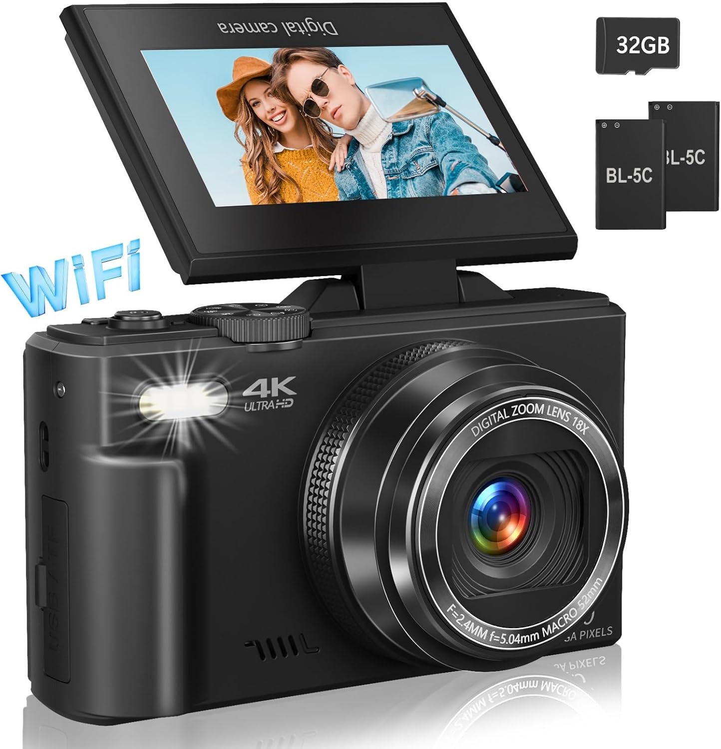 gital Camera for Photography, 4K Vlogging Camera for YouTube 3" 180° Flip Screen 18X Digital Zoom Compact Retro Camera with 32GB TF Card & 2 Batteries