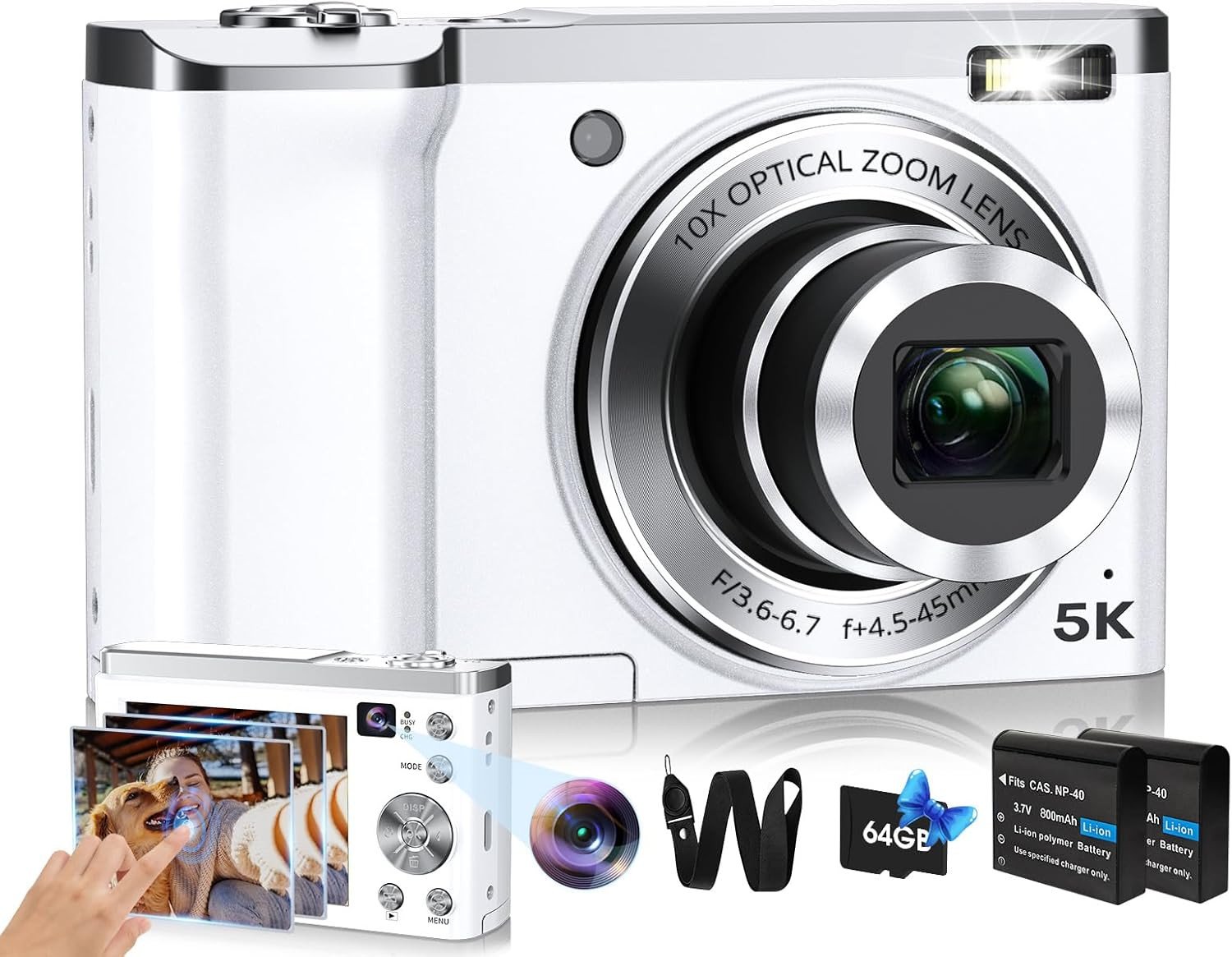 5K Digital Camera 2024 Upgraded 56MP Cameras for Photography with Front and Rear Lens,Touch Screen&10X Optical Zoom,6-Axis Anti-Shake,Autofocus Vlogging Compact Camera with 64GB SD Card,2 Batteries