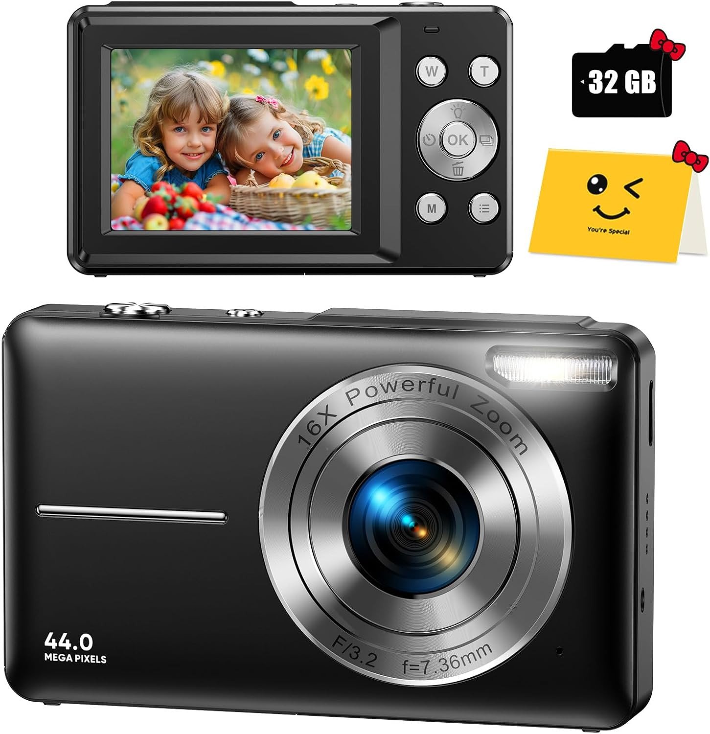 Digital Camera, FHD 1080P Digital Camera for Kids with 32GB SD Card Compact Point and Shoot Camera 16X Zoom Anti Shake Portable Cameras Small Camera for Teens Boys Girls Seniors with Best Wishes Card