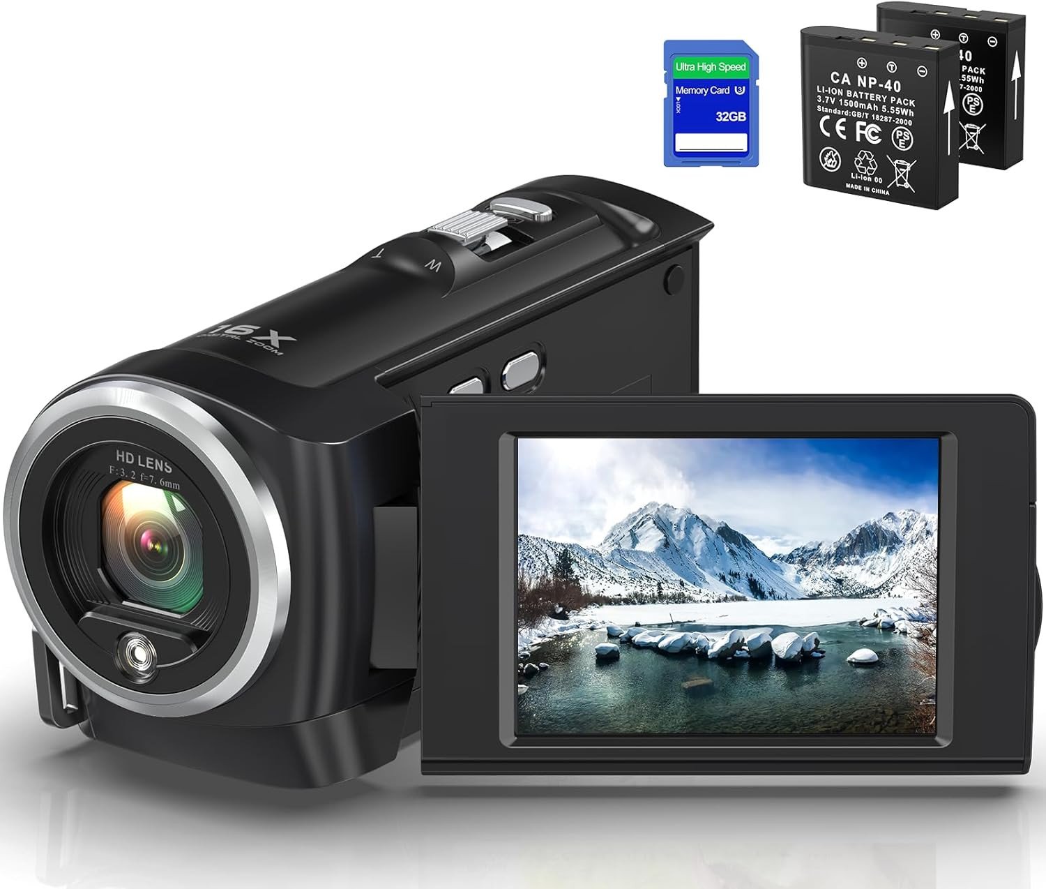 Camcorder Video Camera QHD 2.7K 50MP 16X Digital Zoom Vlogging Camera with LED Fill Light for YouTube, 2.8 Inch 270 Degree Rotation LCD Screen Camcorder with 32GB SD Card and Two Batteries