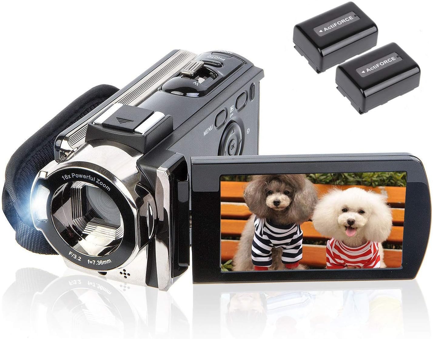 Video Camera Camcorder Digital Camera Recorder Full HD 1080P 15FPS 24MP 3.0 Inch 270 Degree Rotation LCD 16X Zoom Camcorder with 2 Batteries(604s)