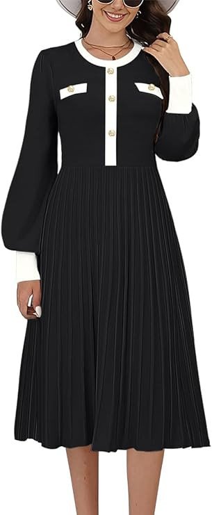 Visit the ETCYY Store ETCYY Women's Casual Long Sleeve Midi Dress 2024 Striped Fall Sweater Dress Work Button Pleated A Line Ribbed Knit Dresses