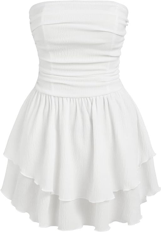 CIDER Women's Summer Cocktail Dress - Tube Ruched Ruffle Mini Dress