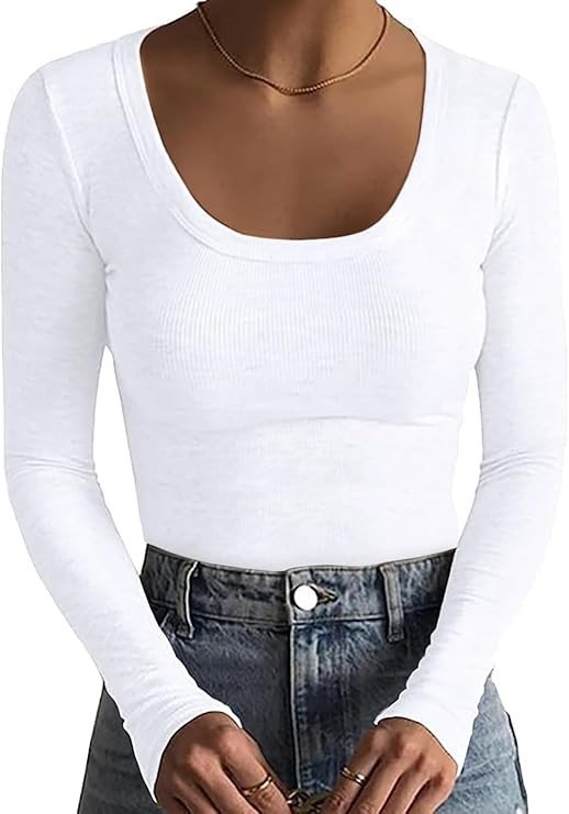 Necooer Women's Casual Tops Ribbed Square Neck Long Sleeve Soft Slim Sexy Pullover Basic Tops