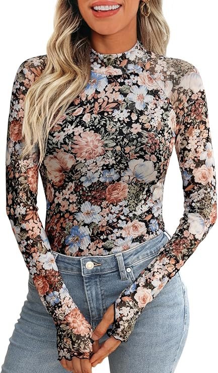 Dealmore Floral Mesh Mockneck Tops Trendy Going Out Tops fot Women with Thumb Hole Fashion Fall Outfits