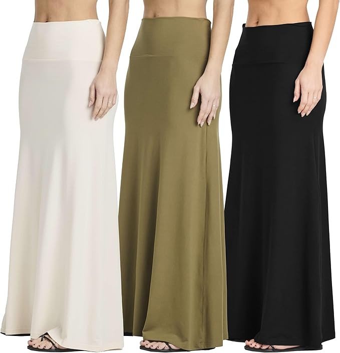 Real Essentials 3 Pack: Women's Ultra-Soft Flowy Maxi High Waisted Long Skirts