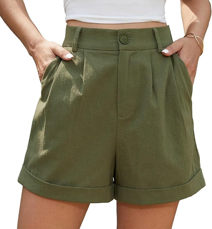 Jouica Womens Summer High Waist Linen Shorts Roll Up Pleated Zippered Wrap Hem Wide Leg Shorts with Pockets