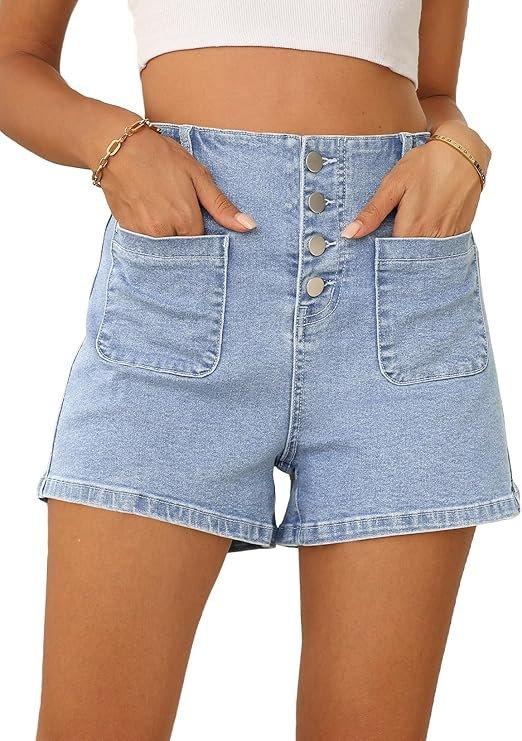 Sidefeel Women's Jean Shorts Button Fly Stretchy High Waisted Summer Denim Shorts Pants with Pockets