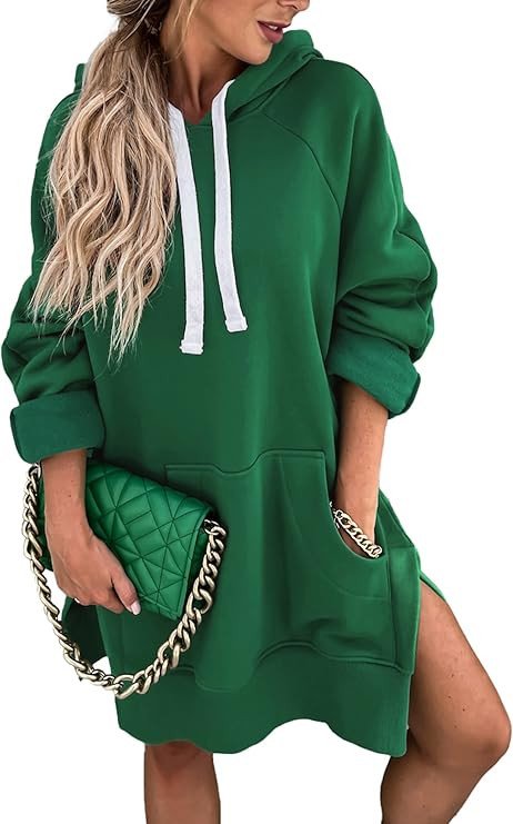 PRETTYGARDEN Women's Casual Pullover Sweatshirt Long Sleeve Split Hem Hoodie Dress with Kangaroo Pocket