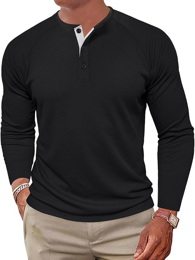 Mens Henley Shirts Long Sleeves Waffle Texture Button Tee Tops Casual Lightweight Pullover Shirt