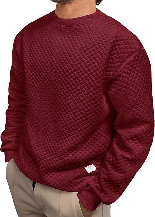 Men's Crewneck Sweatshirts Solid Color Diamond Grid Texture Long Sleeve Casual Basics Pullover Shirt